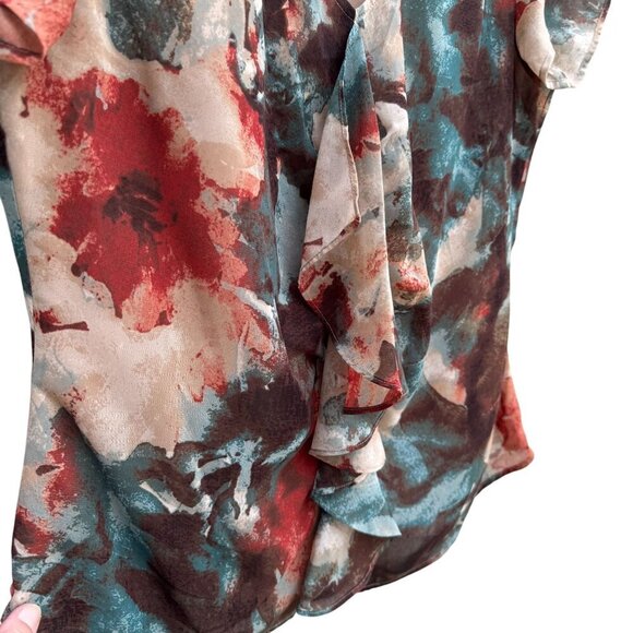 Evan-Picone Womens Red Floral Ruffle V-Neck Short Sleeve Lightweight Blouse 12P - Picture 3 of 8